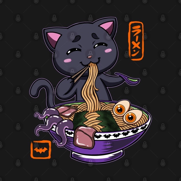 Halloween Kawaii chibi Ramen Black cat spooky fall art by JustJoshDesigns