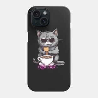 Funny "Coffee First" coffee drinking kitten Phone Case