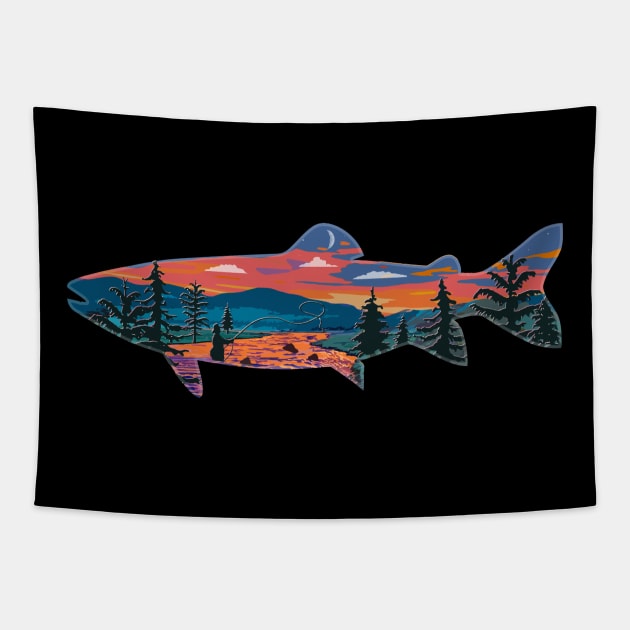Trout Silhouette Fly Fishing Mountain Sunset River Stream Art - Fishing -  Tapestry