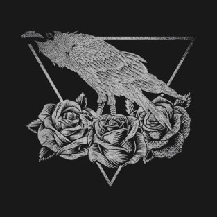 Flower Gothic - Black Rose and Crow Bird Creepy - Roses and Raven T-Shirt
