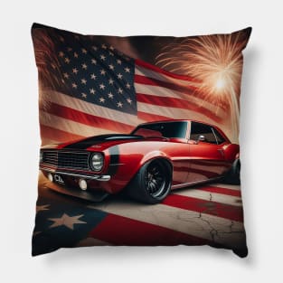 Chevrolet Camaro and The American Flag by Gas Autos Pillow