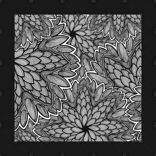 Floral Mandala Collision - Black and White - Digitally Illustrated Flower Pattern for Home Decor, Clothing Fabric, Curtains, Bedding, Pillows, Upholstery, Phone Cases and Stationary by cherdoodles