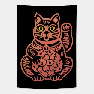 Japanese Woodblock Cat Maneki Neko Tapestry