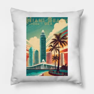 Travel Poster Miami Beach Vintage  Retro Pillow