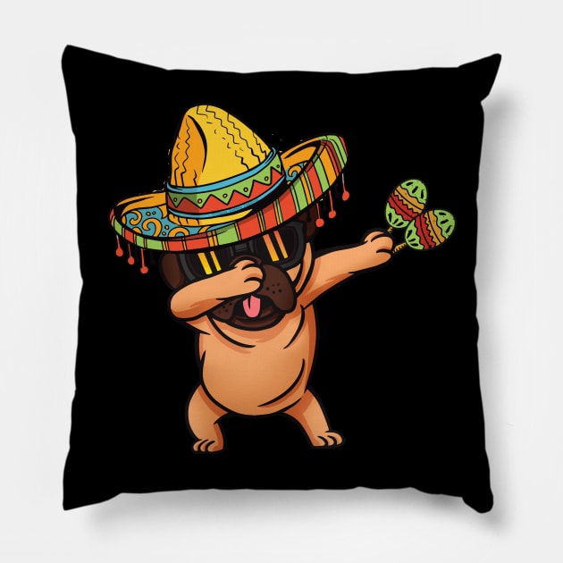 Dabbing Pug with Sombrero and Maracas Cinco de Mayo Pillow by Dibble Dabble Designs