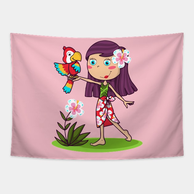 Hawaiian girl with her parrot Tapestry by JoanaJuheLaju1