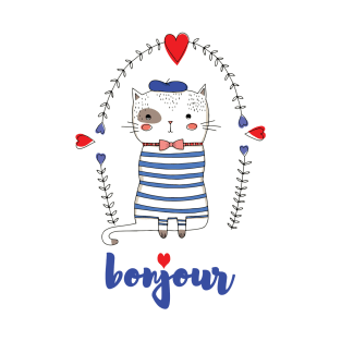 A cute french cat saying bonjour T-Shirt