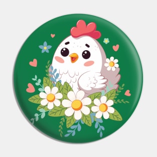 Happy kawaii chicken with flowers Pin