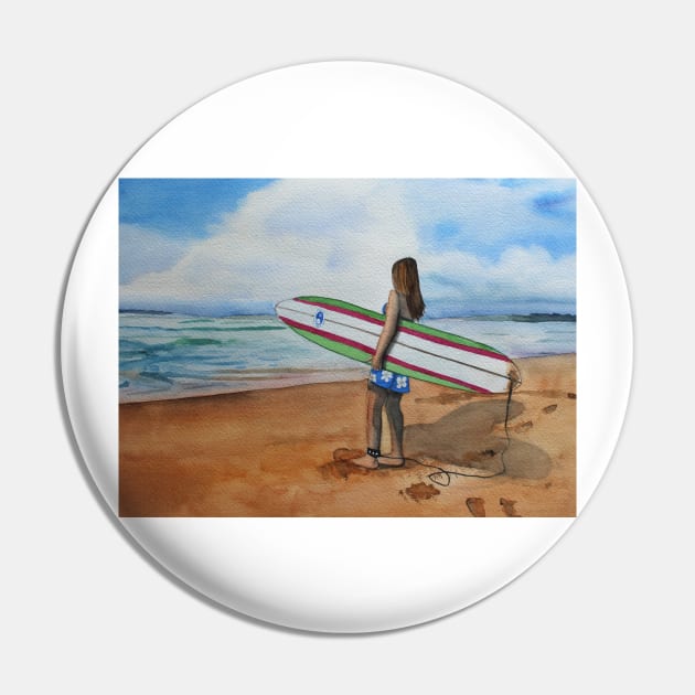 Girl with Surfboard at the Beach Pin by Sandraartist