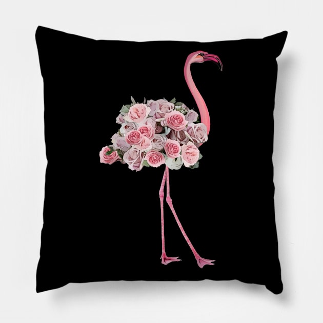 Pink Flamingo and pink flowers roses Pillow by Collagedream