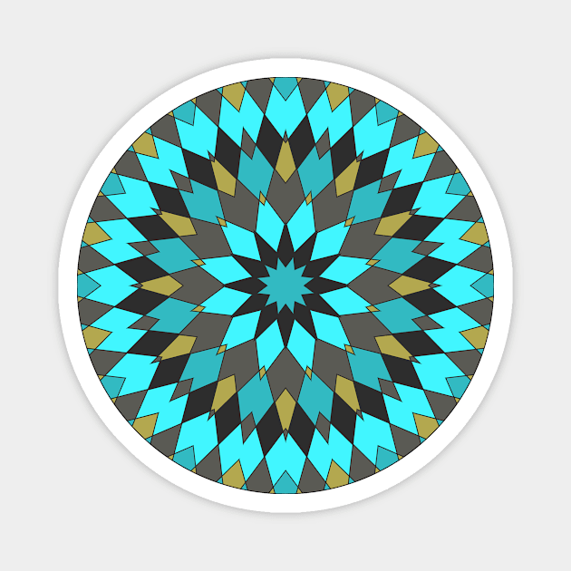 Aqua, Gold and Black Kaleidoscope Style Mandala Magnet by CheriesArt