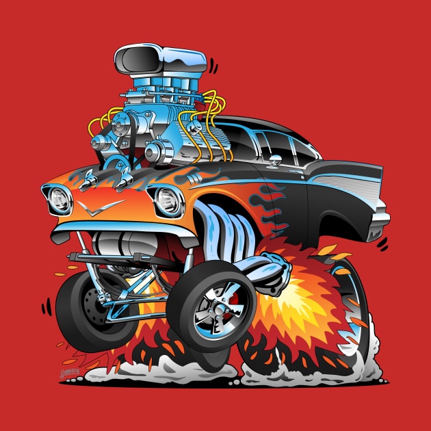 Classic hot rod fifties style gasser drag racing muscle car, red hot flames, big engine, lots of chrome, cartoon illustration by hobrath