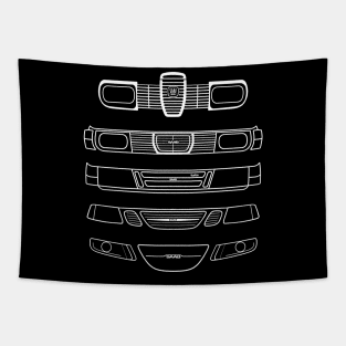 Saab evolution classic cars 1960s-2010s white outline graphic Tapestry