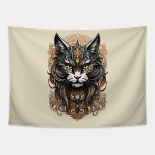 Devious Black Cat Tribal fusion art design Tapestry