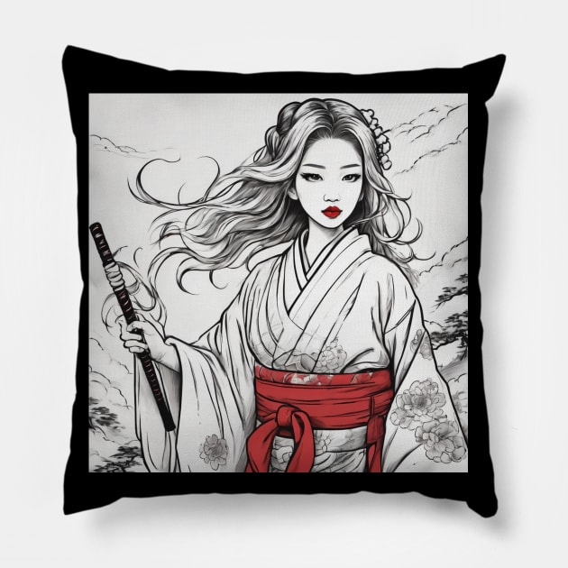 PAINTING  JAPANESE GIRL BLACK AND WHITE Pillow by nonagobich