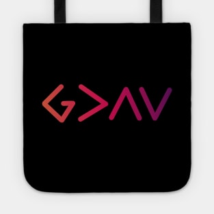 God is greater than the highs and the lows from Romans 8:28, gradient pink text Tote