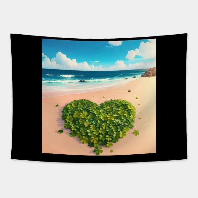 Heart Shaped Four Leaf Clover Patch On Beach 4 Tapestry by MiracleROLart