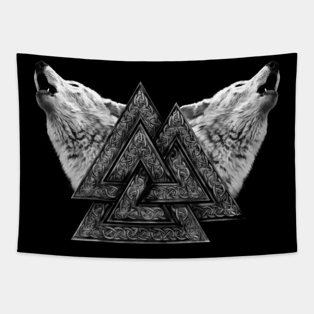 Valknut Symbol and Wolves Tapestry by Nartissima