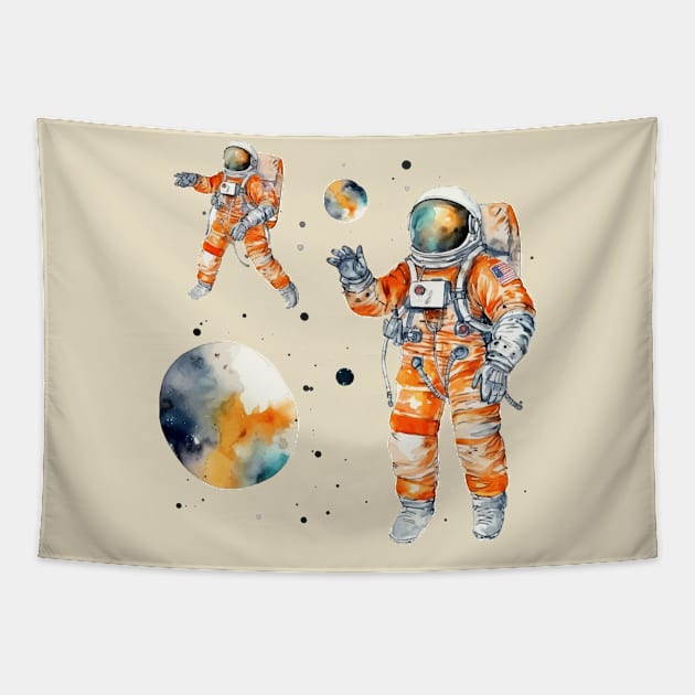 Astronaut Funny Space Watercolor Tapestry by Mako Design 