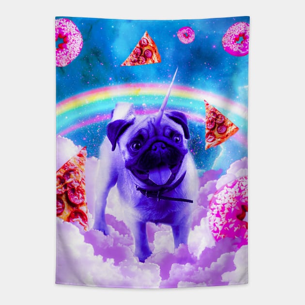 Rainbow Unicorn Pug In The Clouds In Space Tapestry by Random Galaxy