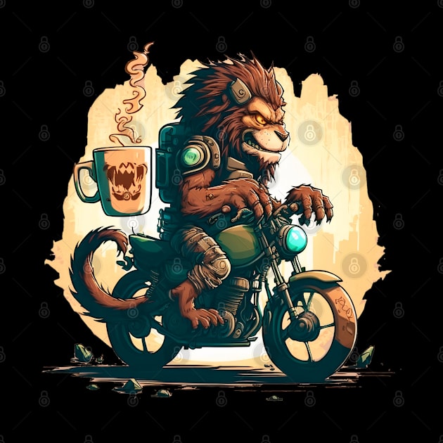 lion monster in ice  riding motorcycle drinking coffee by BOM TSHIRTS