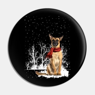 Christmas Belgian Malinois With Scarf In Winter Forest Pin