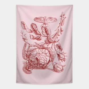 Burgundy Rose Flower with Butterfly Vintage Illustration Tapestry