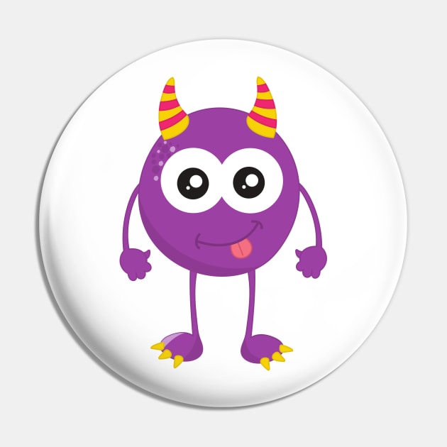 Cute Monster, Purple Monster, Funny Monster, Horns Pin by Jelena Dunčević