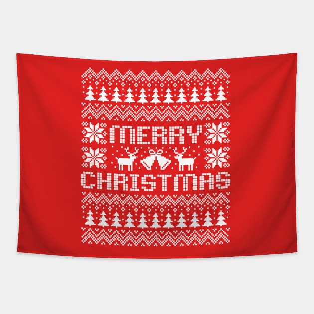 Ugly Christmas sweater Merry Christmas white text Tapestry by Cute Tees Kawaii