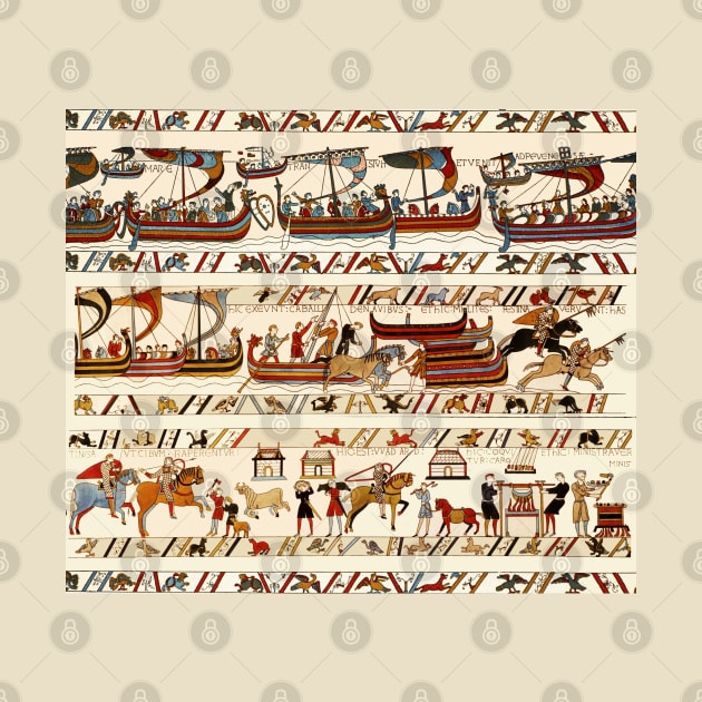 BAYEUX TAPESTRY ,BATTLE OF HASTINGS ,NORMAN KNIGHTS HORSEBACK AND VIKING SHIPS by BulganLumini