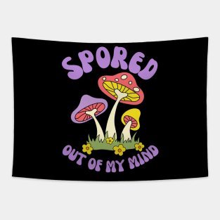 'Spored Out of My Mind' Retro Mycologist Mushroom Hunter Design Tapestry