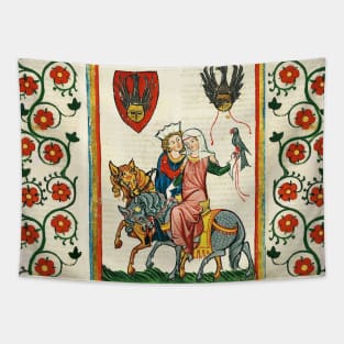 LOVERS ON HORSEBACK WITH FALCON , MEDIEVAL MINIATURE WITH WILD ROSES Tapestry