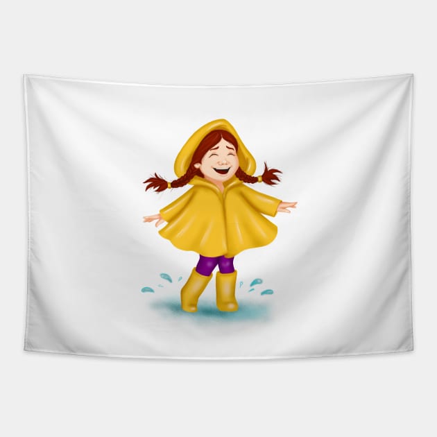 Spring fashion girl in yellow raincoat laughing and dancing in a puddle Tapestry by Ayaruta