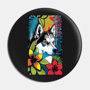 Husky Dog Vibrant Tropical Flower Tall Retro Vintage Digital Pop Art Portrait 3 Pin