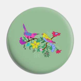 Tropical Colorful Birds Branches Flowers Pin