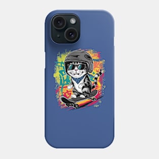 A unique and fun design featuring a stylish cat wearing a helmet and skateboarding. (3) Phone Case