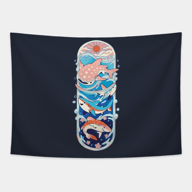 Oceanic Paradise: Sun, Sea, and 4 Types of Sharks Tapestry by ConnectingtoNature