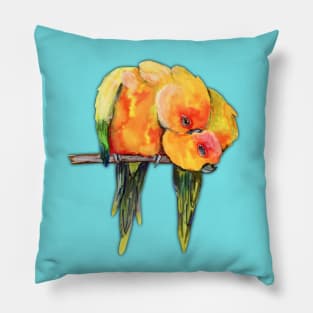 Two cuddling sun conures Pillow