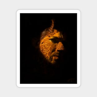 Portrait, digital collage and special processing. Devil face, side. Horn and lava texture. Yellow and green. Magnet