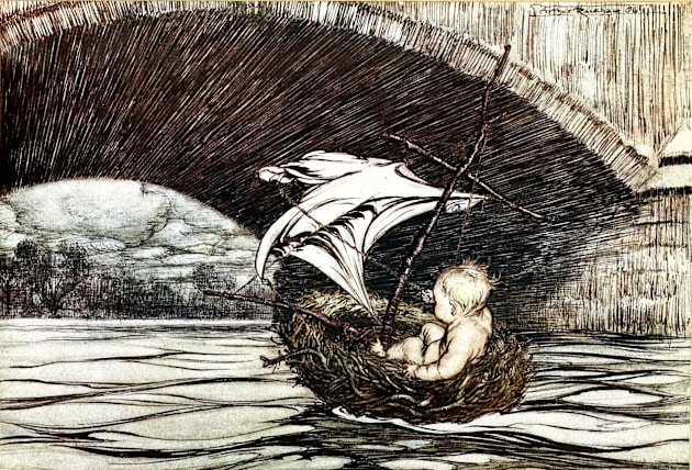 Peter Sailing Under The Bridge - Peter Pan in Kensington Gardens - Arthur Rackham Kids T-Shirt by forgottenbeauty