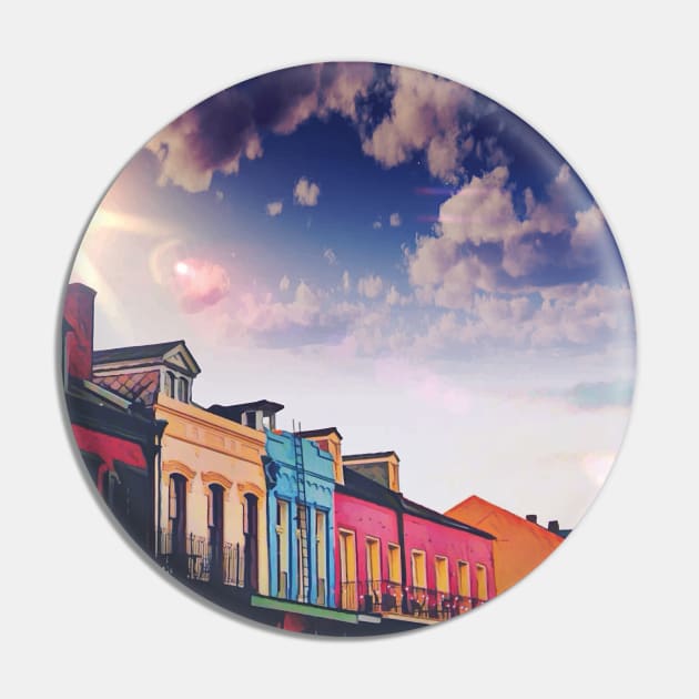 Sunny Cloudy Skies and Iconic Colorful Rainbow New Orleans French Quarter Nola Homes Yellow Light Blue Pink Orange Architecture Minimal Cityscape in Southern Louisiana Pin by Little Shop of Nola