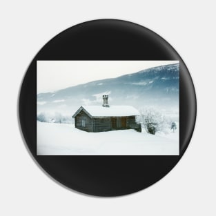 Log Cabin in Scandinavian Winter Landscape Pin