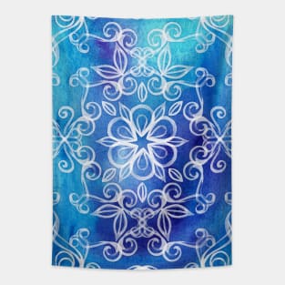 White Floral Painted Pattern on Blue Watercolor Tapestry