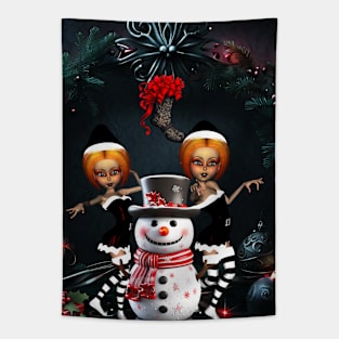 Cute dark christmas elf with snowman. Tapestry