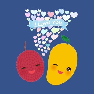 Kawaii lychee and mango with pink cheeks and winking eyes T-Shirt