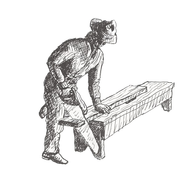 Sawing bench, vintage book illustration from "Old Ways of working wood - The techniques and tools of a time-honored craft" by Alex W. Bealer 1980 by One Eyed Cat Design