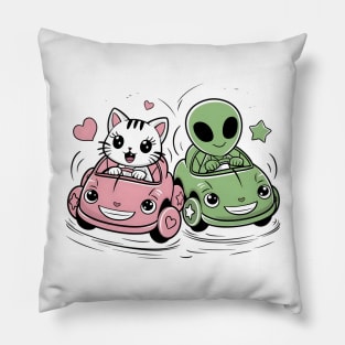 Funny cat and funny alien in crazy cars Pillow