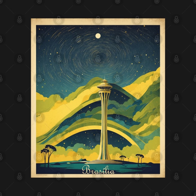 Brasilia Brazil Starry Night Vintage Tourism Travel Poster by TravelersGems