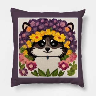 Cute Raccoon Painting With Flowers Pillow