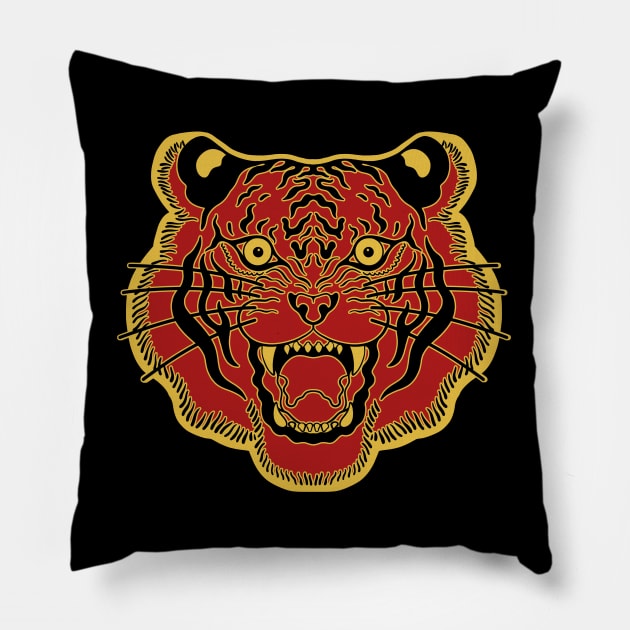 Red and Gold Traditional Tiger Face Pillow by Trippycollage